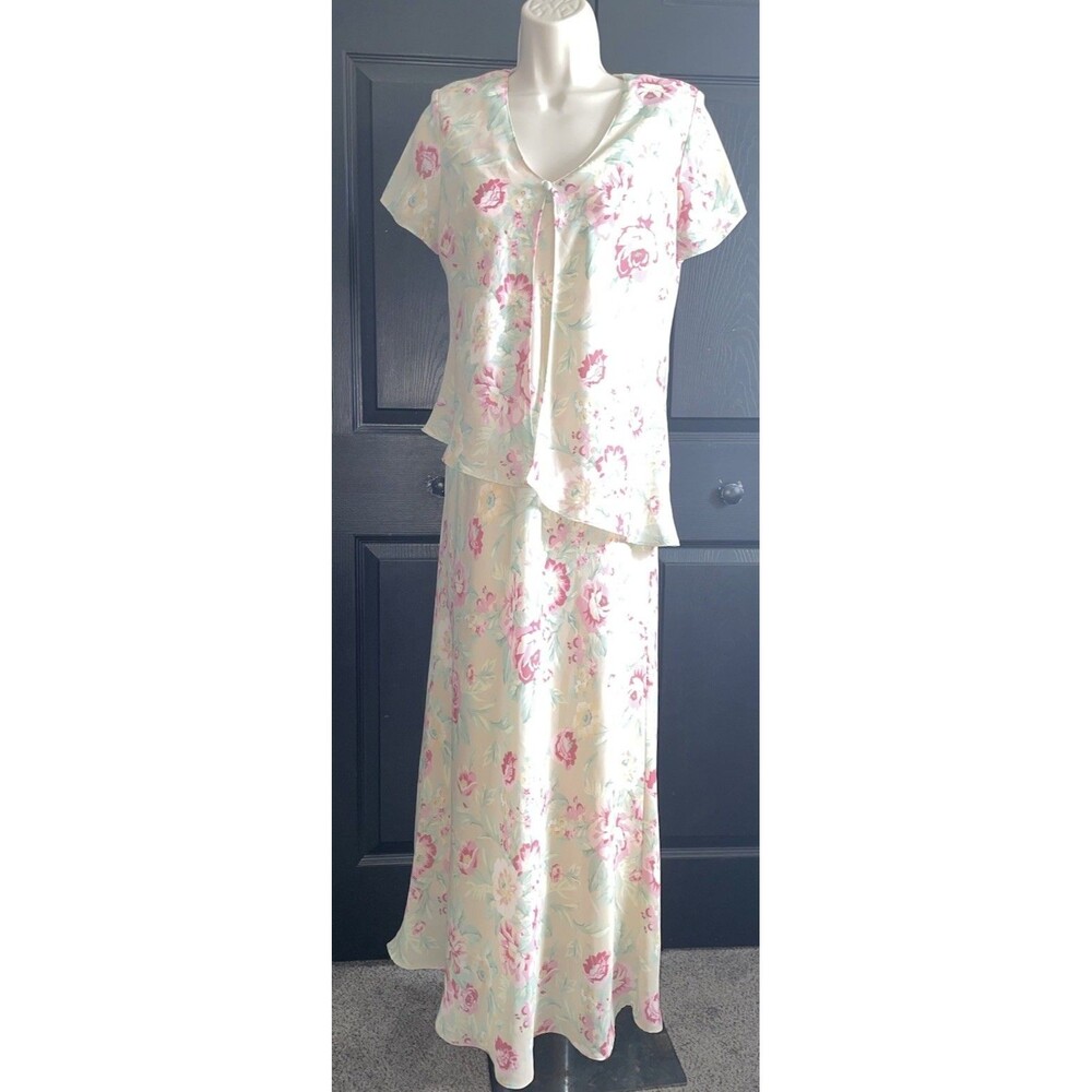 Positive Attitude Vintage Floral Maxi Dress 8 Faux 2Pc Pink Rose Chiffon Fairy